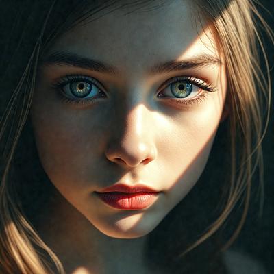 The primary subject of the image is a woman with long, blonde hair. She is looking directly at the camera, and her eyes are open. The setting is a dark room, and the visual style is a digital art or illustration. The colors in the image are predominantly dark, with the woman's hair being the most prominent feature. The overall atmosphere of the image is mysterious and captivating.